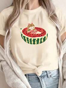 Bajo el Radar |    Playera para Mujer 100% Algodón Transpirable | Camiseta gráfica de sandía amarilla brillante para mujeres - Casual de manga corta y cuello redondo, lavable a máquina, perfecta para vacaciones de primavera/verano y diversión al aire libre - Ideal para el verano-Vintage Street Style Unisex Loose Cotton Short Sleeve Crew Neck T-Shirt - Albaricoque - Ver 6
