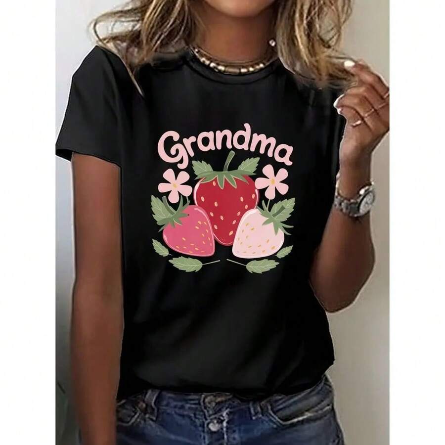 Camiseta de algodón de manga corta con estampado gráfico para mujer, diseño de fresa de abuela, linda y casual para el verano, suave para uso diario, regalo para abuela, Día de la Madre, conjunto familiar a juego. - Negro - Ver 1