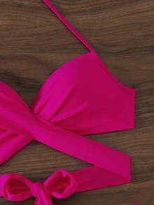 Swim Mod Conjunto de bikini de tirantes cruzados con envoltura de playa y soporte push-up para el verano - Rosa Fucsia - Ver 6