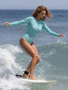 Traje de baño de una pieza con estampado floral y manga larga para mujer, ideal para la playa y vacaciones casuales - verde menta - Ver 7