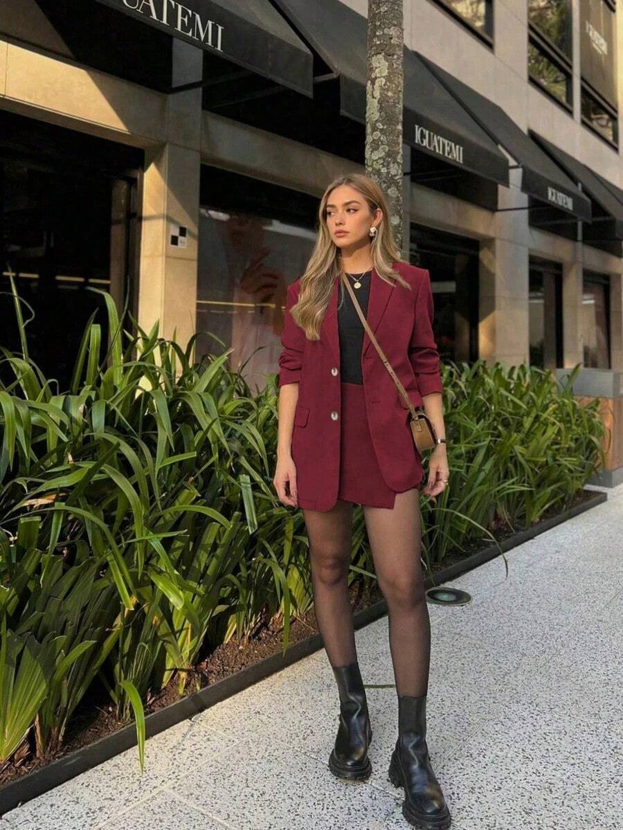 Traje casual y elegante para mujer: Blazer de manga larga burdeos + Falda, Primavera/Verano, Adecuado para el Día de San Valentín - Rojo - Ver 1