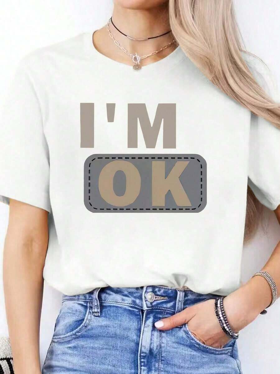 Camiseta Deportiva Casual de Manga Corta y Cuello Redondo para Mujer con Estampado de Letras para Primavera y Verano - Blanco - Ver 1