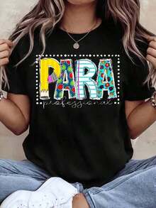 Camiseta de cuello redondo para mujer para uso profesional, de manga corta estampada para uso casual y atuendos diarios, camisa elegante adecuada para fiestas. - Negro - Ver 6