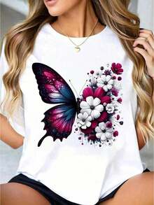 1 pieza de camiseta blanca para mujer con estampado floral de mariposas, cuello redondo, camiseta casual de algodón, tejido de punto de elasticidad media, corte regular para damas, tallas S-XXXL. - Blanco - Ver 6