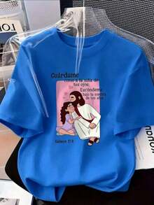 Camiseta de mujer de 1 pieza con estampado de Jesús abrazando, camiseta de manga corta para primavera/verano, el regalo perfecto para las fiestas, top casual cómodo y versátil con elementos de feCamiseta Algodón - Azul - Ver 7