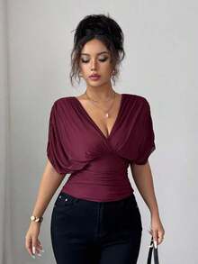 Camiseta de mujer para primavera/verano con malla, forro elástico de punto, elegante para vacaciones, playa, uso diario y casual, con estilo romántico francés, mangas con fruncidos cruzados en los hombros, cintura fruncida con cordón y volantes en el bajo - Burdeos - Ver 4