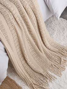 Fluffy Knitted Tassel Blanket, Lightweight Soft Comfortable For Bed, Sofa, Chair - Light Curry Color - View 4