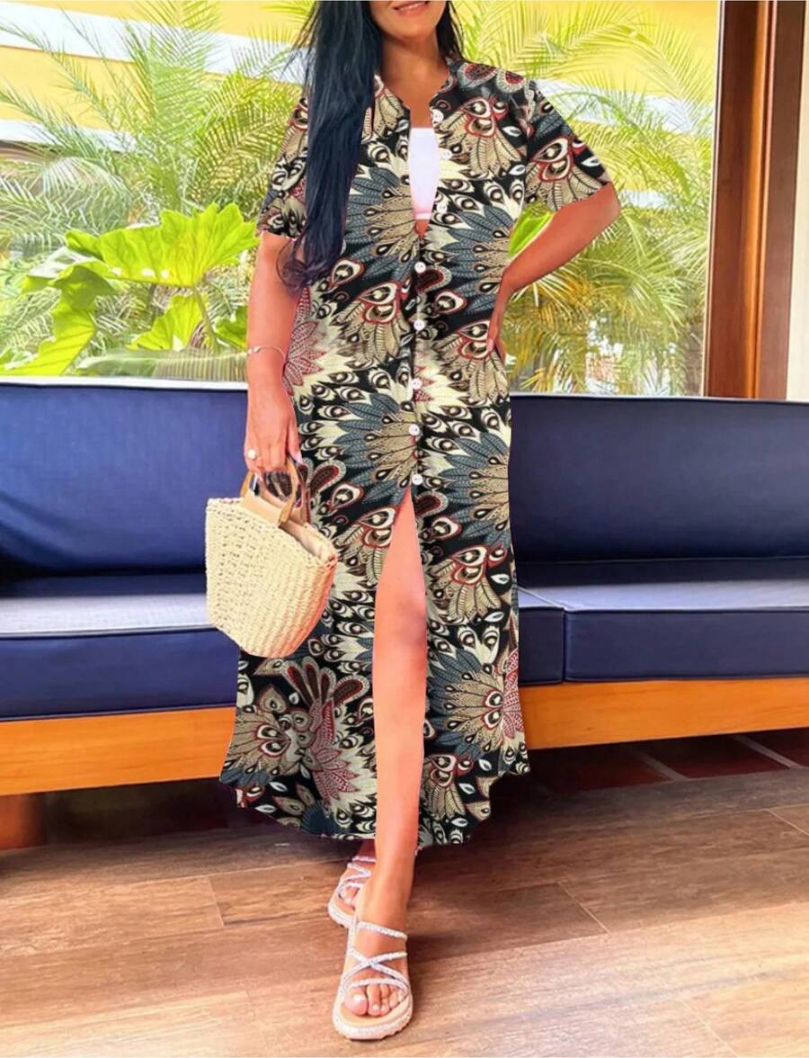 Vestido maxi a rayas con botones frontales, cuello en V y abertura lateral para mujer - Vestido camisero informal de verano de corte holgado en rosa, azul, negro y pr - Verde militar - Ver 1