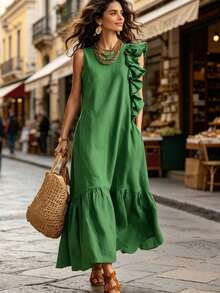 Vestido sin mangas informal de color liso con volantes irregulares para mujer - Verde - Ver 3
