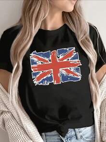 White Short-Sleeved T-Shirt With English Flag Print, Lightweight And Durable, Suitable For Home, Cafes Or Casual Outdoor Use, Comfortable Fit, Ideal For Everyday Wear. - 黑色 - 查看 6