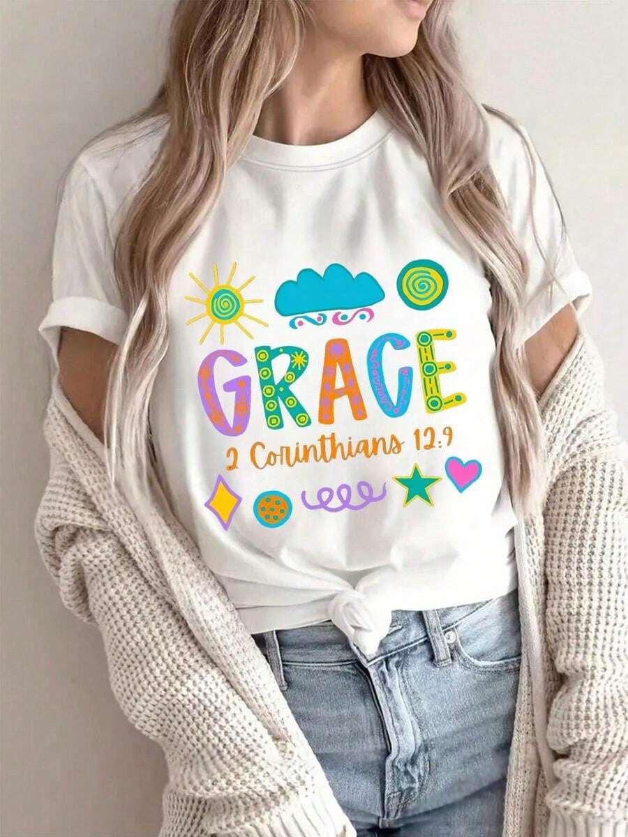 1 pieza clásica y versátil, camiseta de manga corta de algodón puro con dise?o llamativo de 180 gsm, inspirada en la fe cristiana para mujeres. Estilo moderno - Blanco - Ver 1