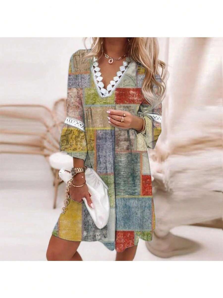 Vestido de mujer colorido con estampado boho, escote en V con volantes, mangas largas elásticas, corte holgado cómodo ideal para primavera y verano, estilo hippie casual perfecto para fiestas, vacaciones en la playa y eventos al aire libre - Multicolor - Ver 1