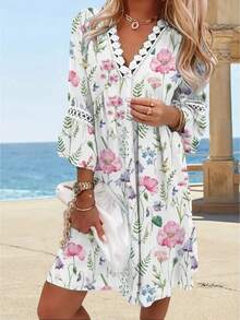 Colorful Women's Dress With Boho Print, V-Neck With Ruffles, Elastic Long Sleeves, Comfortable Loose Fit Ideal For Spring And Summer, Casual Hippie Style Perfect For Parties, Beach Vacations And Outdoor Events - 淺粉色 - 查看 2