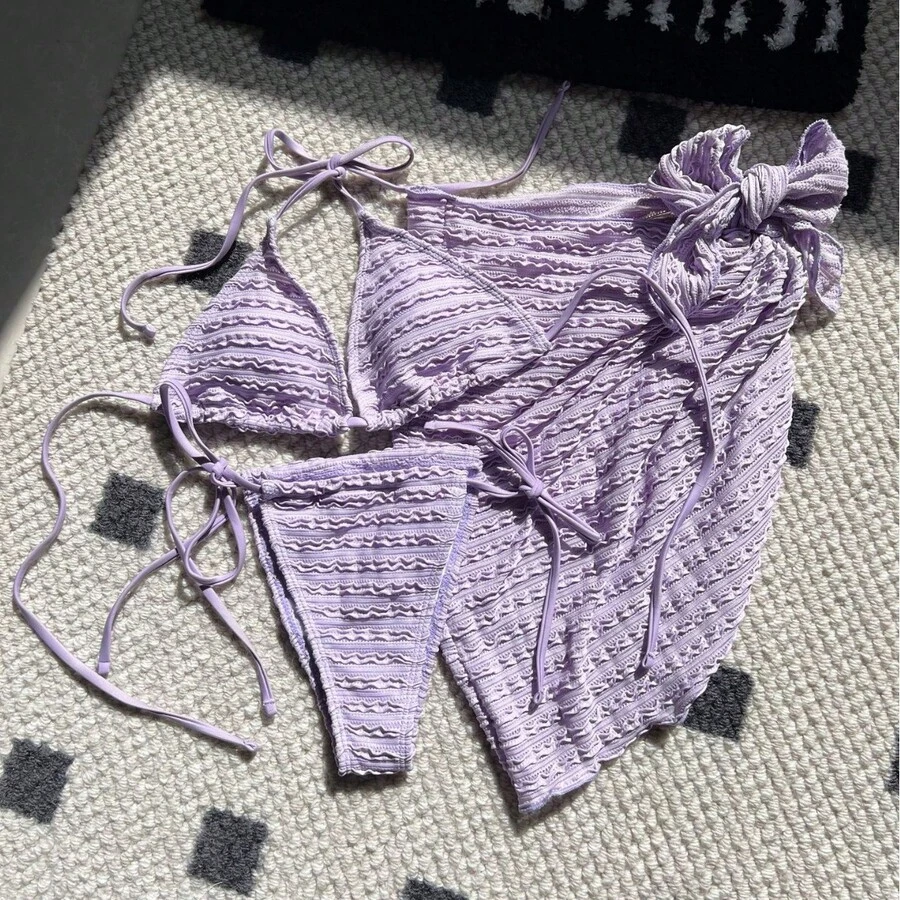 Bikini Sexy de 3 Piezas para Mujer, Serie Candy, Tela Especial – Traje de Baño de Playa - Violeta - Ver 1