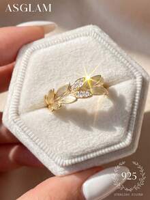 1pc Elegant & Fashionable Gold-Tone & White Cubic Zirconia 925 Sterling Silver Ring, Suitable For Anniversary/Birthday Gift - Gold - View 7