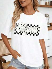 Camiseta de moda para mujer de talla, camisetas a cuadros Mama de Airlia Fran para mujer, camisetas vintage para madre, camisetas retro para madre, camisetas, camisetas cómodas y coloridas para madre, camisas a cuadros retro, camiseta casual vintage para el Día de la Madre, estilo callejero vintage, camiseta unisex holgada de algodón de manga corta con cuello redondo. - Blanco - Ver 1