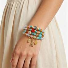 1 set de bracelets colorés de style bohème avec perles, pendentifs vintage de hibou, tour Eiffel, cœur, bracelets multicouches pour femmes - B594 - Voir 3