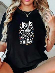 FashionNEWCamiseta negra cristiana mensaje inspirador estampado "Jesús es el camino" estilo casual para mujeres jóvenes ocasión diaria tallas variadas moda femenina popular en línea-Vintage Street Style Unisex Loose Cotton Short Sleeve Crew Neck T-Shirt - Negro - Ver 1