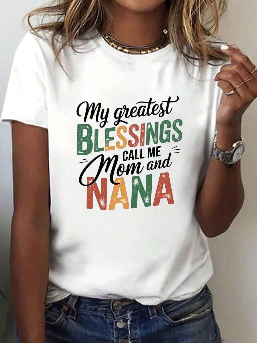 Nuevas llegadas para el verano. Camiseta casual de manga corta y cuello redondo para mujer, estampada con las palabras "Blessings Mom", perfecta para primavera y otoño. Blusa, camisa > Hermosa. - Blanco - Ver 1