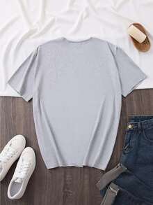 Women's Plus Size Crew Neck Casual T-Shirt With "If I'm Silent And Smiling, Maybe You'll Want To Run" Letter Print, Short Sleeve, Slightly Stretchy Fabric, Perfect For Spring And Summer, All-Season Top | Fun Print Shirt | Stretchy Material, Women's T-Shirts - 淺灰色 - 查看 2
