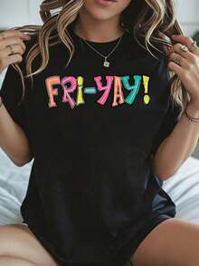 Elegante y casual para mujer, manga corta, camiseta Friday con estampado Friday Frie Yay, ropa casual blanca para mujer, verano. - Negro - Ver 1