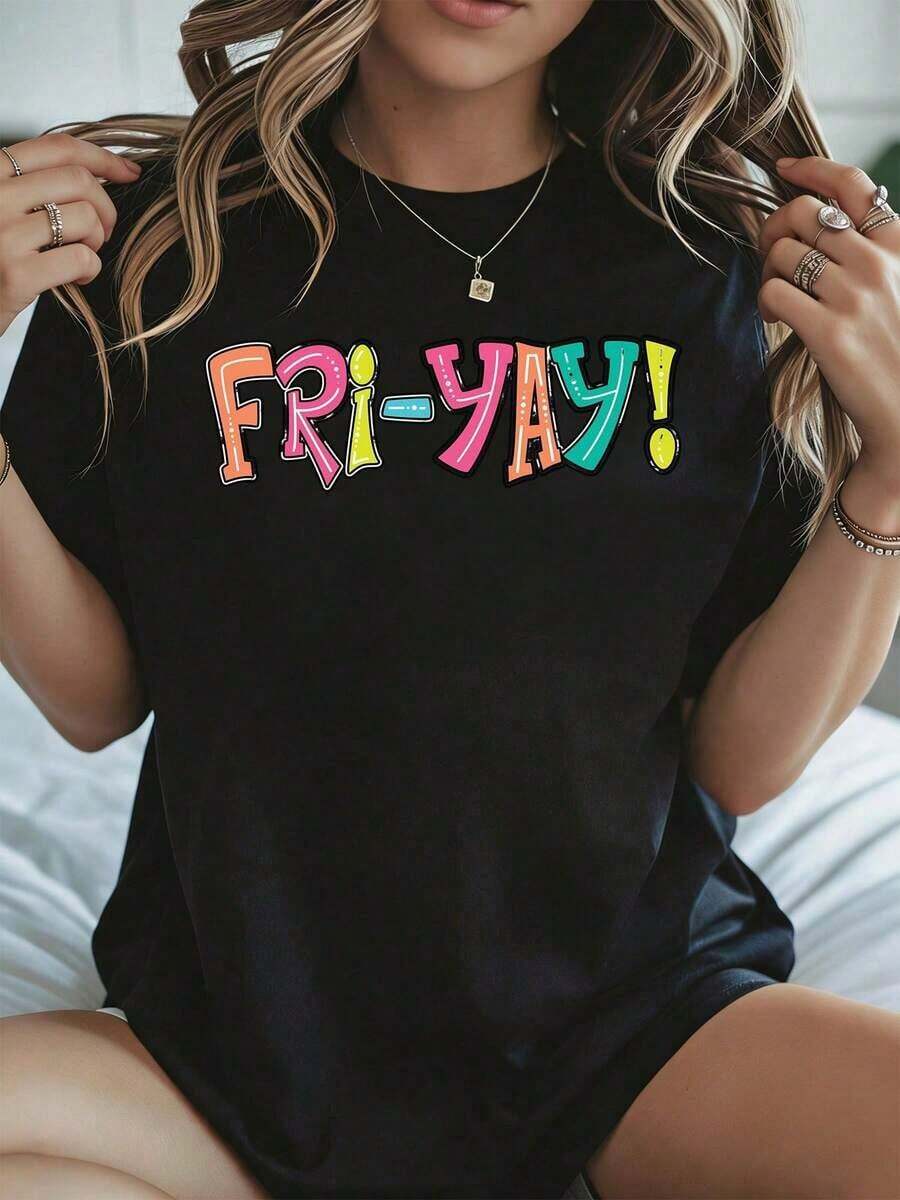 Elegante y casual para mujer, manga corta, camiseta Friday con estampado Friday Frie Yay, ropa casual blanca para mujer, verano. - Negro - Ver 1