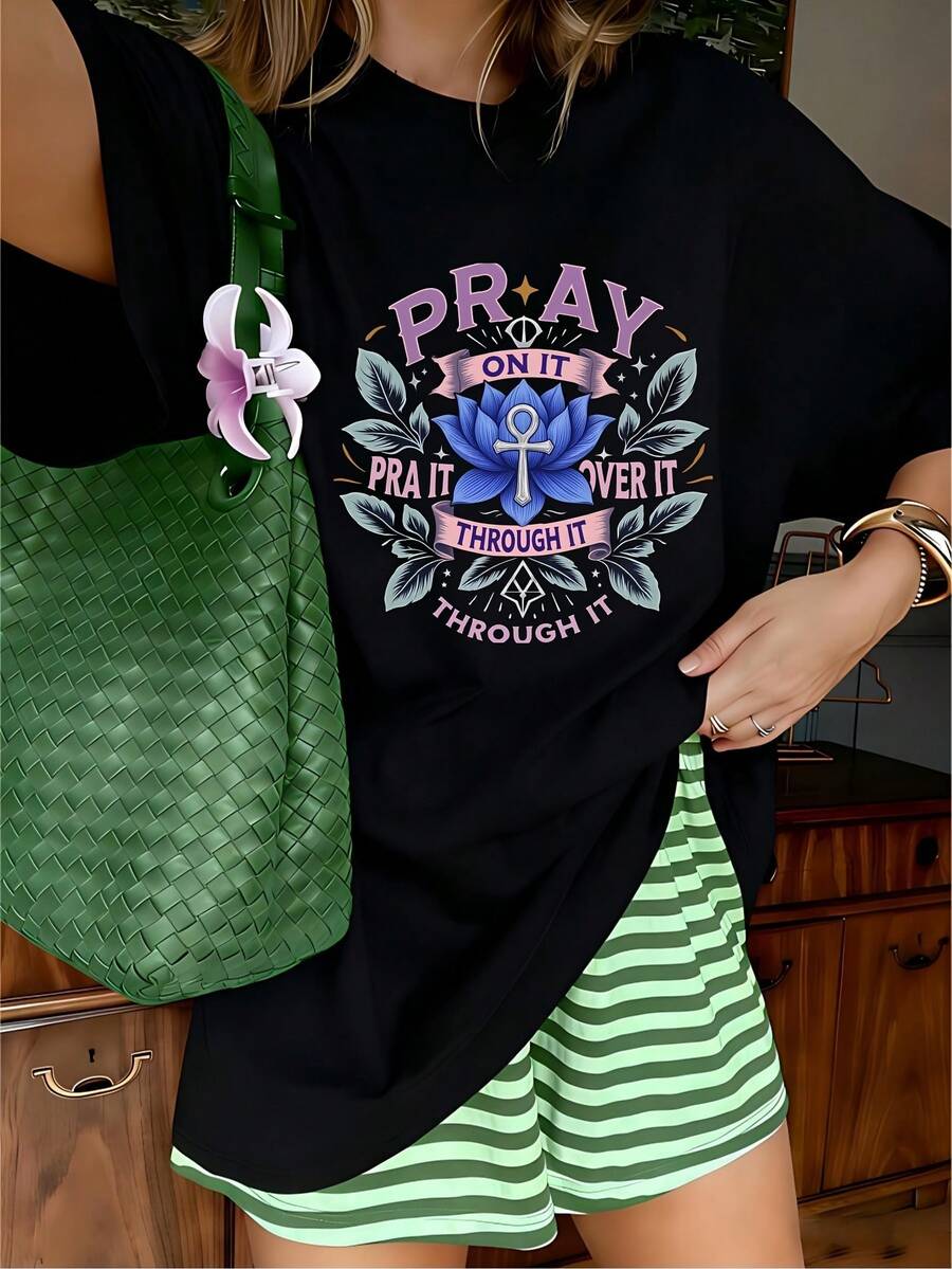 Pray On It Graphic T-Shirt, 100% Cotton Oversized Soft Breathable Casual Crewneck Short Sleeve Top, Aesthetic Spiritual Motivational Tee For Women & Faith Lovers
