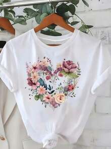 Soft 100% Cotton Short-Sleeved Women's T-Shirt With Heart-Shaped Floral Print, Pink Lilac Roses Combined With Light Flowers And Green Leaves, Romantic Heat Transfer Design, Round Neck T-Shirt, Breathable, Matches Everything. - 白色 - 查看 1