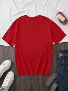 Camiseta de manga corta para mujer, informal, con estampado de corazones y flores, cuello redondo, versátil para el verano, 100% algodón suave. - Rojo - Ver 3