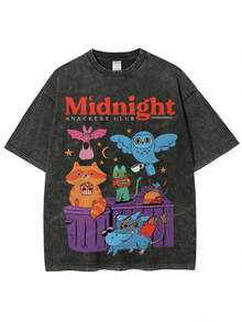 1 pieza de camiseta de algodón lavado, con estampado de Midnight Snack Club, camiseta de marca de moda vintage de algodón batik de alta calidad, camiseta para mujer, popular para uso diario, regalo para vacaciones, regalo perfecto, 180g 100% algodón. - Negro - Ver 1