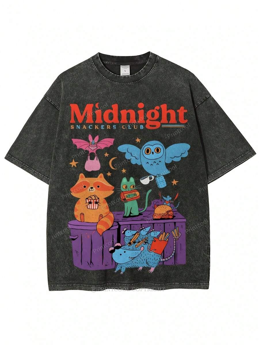 1 pieza de camiseta de algodón lavado, con estampado de Midnight Snack Club, camiseta de marca de moda vintage de algodón batik de alta calidad, camiseta para mujer, popular para uso diario, regalo para vacaciones, regalo perfecto, 180g 100% algodón. - Negro - Ver 1