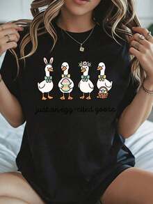 Elegante y casual mujer manga corta,Cute Easter T-Shirt Easter Duck And Bunny Print Just An Egg Cited Goose White Women Casual Wear Spring Summer - Negro - Ver 8
