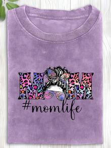 1 Piece Of Fashionable Leopard Print Washed Cotton T-Shirt For Mothers, High Quality Batik Cotton Vintage Fashion Brand T-Shirt, Women's T-Shirt, Popular For Daily Wear, Holiday Gift, Perfect Gift, 180g 100% Cotton. - 黑色 - 查看 9