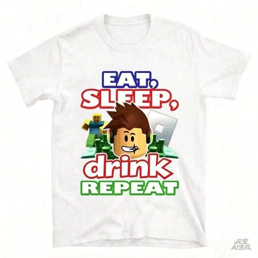 Camiseta de algodón de manga corta para hombre - Estilo urbano casual con tela de malla, diseño icónico y nostálgico de videojuegos (Eat, Sleep, Repeat) Camiseta blanca - Estilo urbano vintage unisex, camiseta de algodón holgada de manga corta con cuello redondo. blusas.blusas casuales para dama. - Blanco - Ver 1