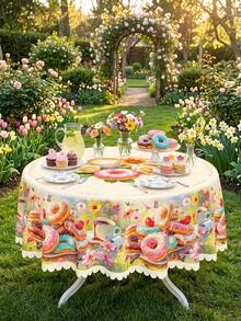 1 Piece Of Colorful Donut And Coffee Printed Tablecloth, Sweet Pastry Style Polyester Oval Tablecloth With Hot Edges, Washable And Wrinkle Resistant Tablecloth, Suitable For Kitchen And Dining Rooms, Tea Parties, Birthday Celebrations, Bridal Showers, Summer Kitchen Supplies, And Home Dining Table Decoration. - Multicolor - View 7