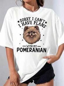 Camisetas de Mujer, Manga Corta Casual para Fiesta, Camiseta de Cuello Redondo Blanca con Estampado 'Lo Siento, no puedo, tengo planes con mi perro Pomerania' para Uso Casual y Atuendos para Amantes de Mascotas, 180g - Blanco - Ver 1