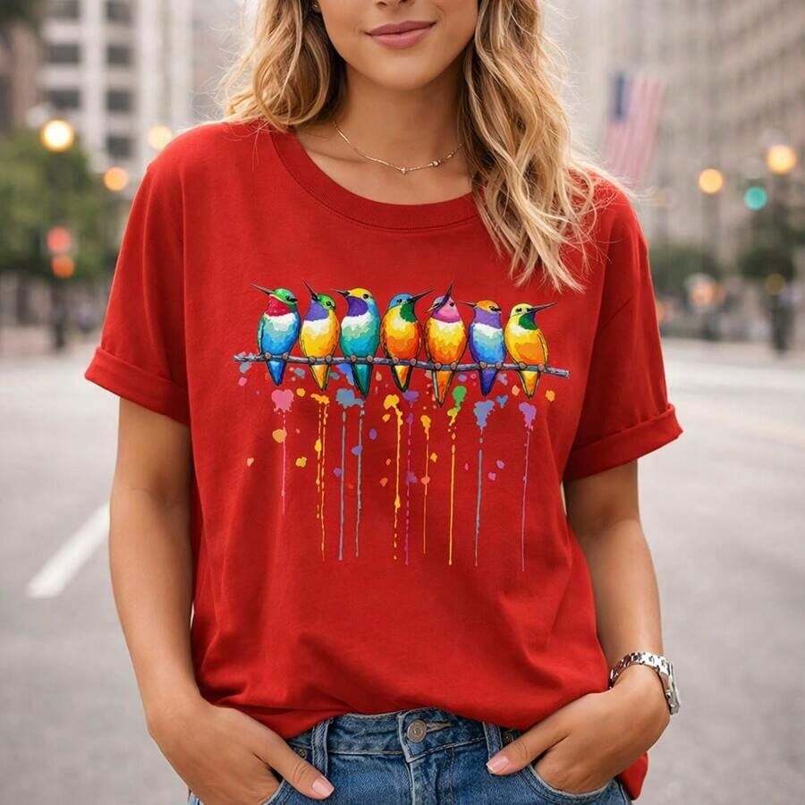 Camiseta Casual de Algodón para Mujer, Estampado Colorido de Colibrí, Manga Corta, Corte Holgado Casual, Cuello Redondo, Camiseta Suave y Cómoda para Uso Diario, Top de Moda de Verano, Camiseta con Estampado de Animales, Tejido de Algodón Transpirable y Amigable con la Piel. - Rojo - Ver 1