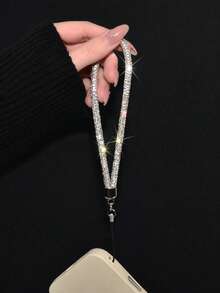 1 Set Luxury Rhinestone Lanyard Necklace Strap, Shiny Silver Bling Phone Hanging Cord, Fashion Rhinestone Phone Case & Bag Decor Chain - Silver Neck Strap + Short Rope - View 6