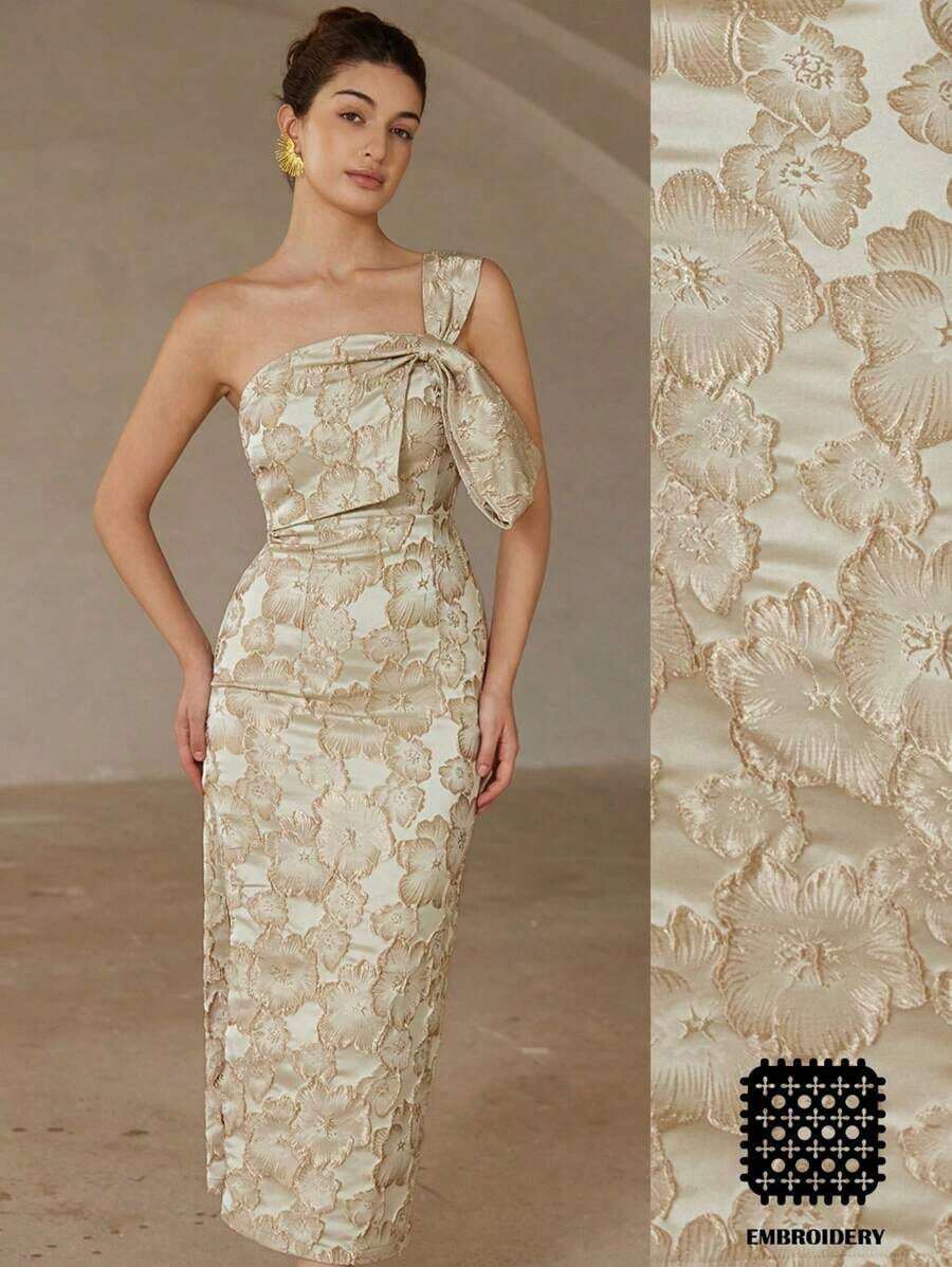 Nuevo vestido de cóctel largo, elegante y de lujo con estilo vintage para dama. Vestido ajustado y entallado sin mangas, con decoración de lazo en el hombro asimétrico oblicuo, de tela jacquard. - Multicolor - Ver 1