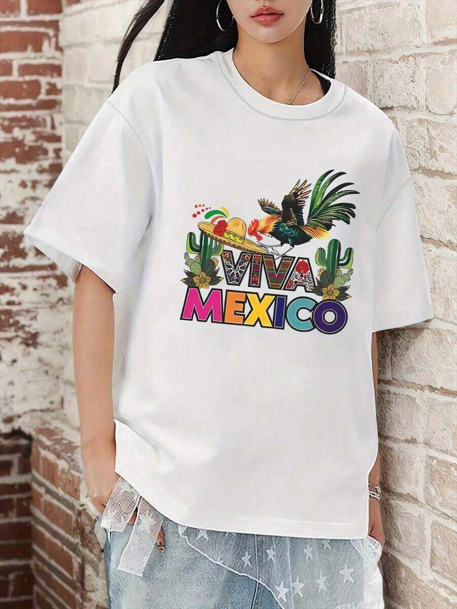 Ropa Curvy En Oferta Y Camiseta Oversized Y2K Para Mujer - Blanca, Manga Corta, Con DiseñO De "MEXICO", Mariachi Y Cactus, Atuendo Casual De Verano Para Viajes, Para Uso Diario Y Fiestas De TemáTica Mexicana, Camisetas GráFicas Para Mujer, Camisetas Emo Para Mujer, Camisetas GráFicas Oversized Para Mujer, Camisetas Hip Hop Para Mujer, Camisetas Wild Soul Para Mujer, Camisetas Para Mujer, Camisetas Peculiares Para Mujer, Camisetas Para Mujer, Camisetas De Moda Para Mujer, Camisetas Para Dama, Camisetas Estampadas, Camisetas Novedosas Para Mujer, Camisetas Femeninas, Camisetas De Verano.Camisetas Para Mujer Y2K - Blanco - Ver 1