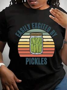 Camiseta Gráfica Divertida de Pepinillos para Mujer - Frases Inspiradas en la Serie "Easily Excited By Pickles" - Camiseta Blanca Suave y Transpirable - Camiseta Casual para Uso Diario, Picnics, Amantes de los Pepinillos - Camiseta Lavable a Máquina, Ropa para Picnic, Camiseta con Estampado Retro, Ligeramente Elástica, Ropa para Exteriores, Diseño Divertido, Camiseta Ligera, Camiseta de Cuello Redondo, para Entusiastas - Negro - Ver 6