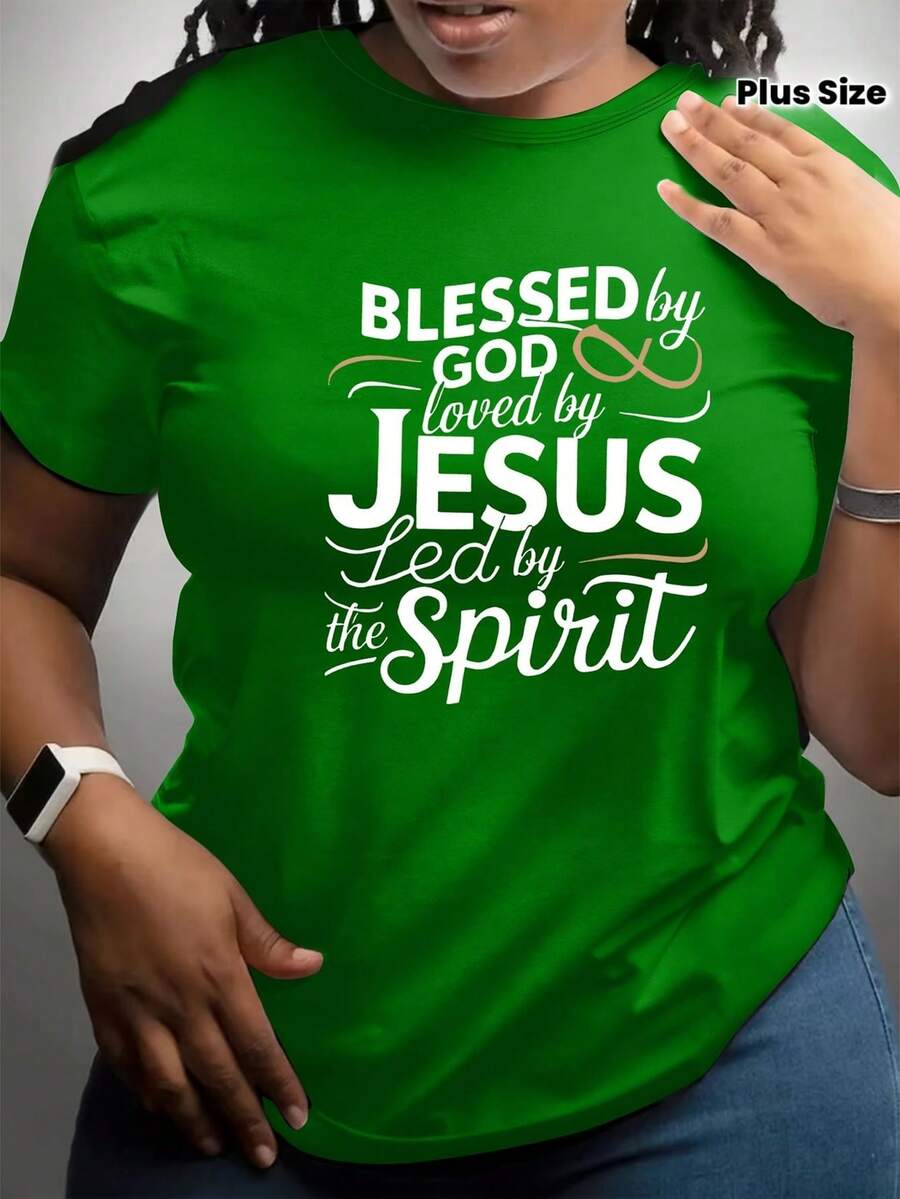 Tallas Grandes - Tallas Grandes - Camiseta de Manga Corta con Estampado de Letras para Mujer, Moda Tallas Grandes - Verde - Ver 1