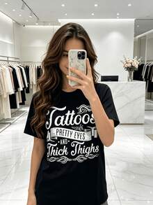 Camiseta Casual de Talla Grande para Mujer con Inspiración de Tatuajes en Ojos y Muslos, Nuevo Modelo 2026, Negra, Lavable a Máquina, 1 Pieza, 180g, Cuello Redondo, Patrón del Zodíaco, Regalo de Halloween, Regalo de Navidad, Regalo de Cumpleaños, Regalo de Año Nuevo - Negro - Ver 7