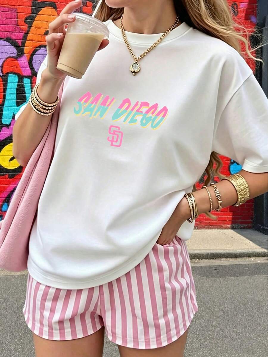 Camiseta "SAN DIEGO" Estilo Y2K Colorida Mujer | Ropa Casual Verano Playa Manga Corta - Blanco - Ver 1