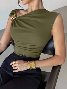 Asymmetrical Off-The-Shoulder Top With Metallic Embellishments, Stylish And Casual, Suitable For Going Out, Parties, And Other Occasions/Autumn For Women/Halloween Costume For Women/Red Christmas T-Shirt/New Year's Top/Elegant Top For Women - 軍綠色 - 查看 12