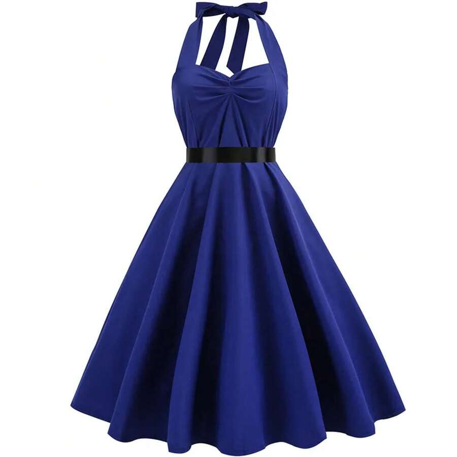 Vestido sexy retro blanco de lunares Hepburn Vintage Halter vestido de fiesta 50s 60s Pin Up Rockabilly Robe - B001 - Ver 1
