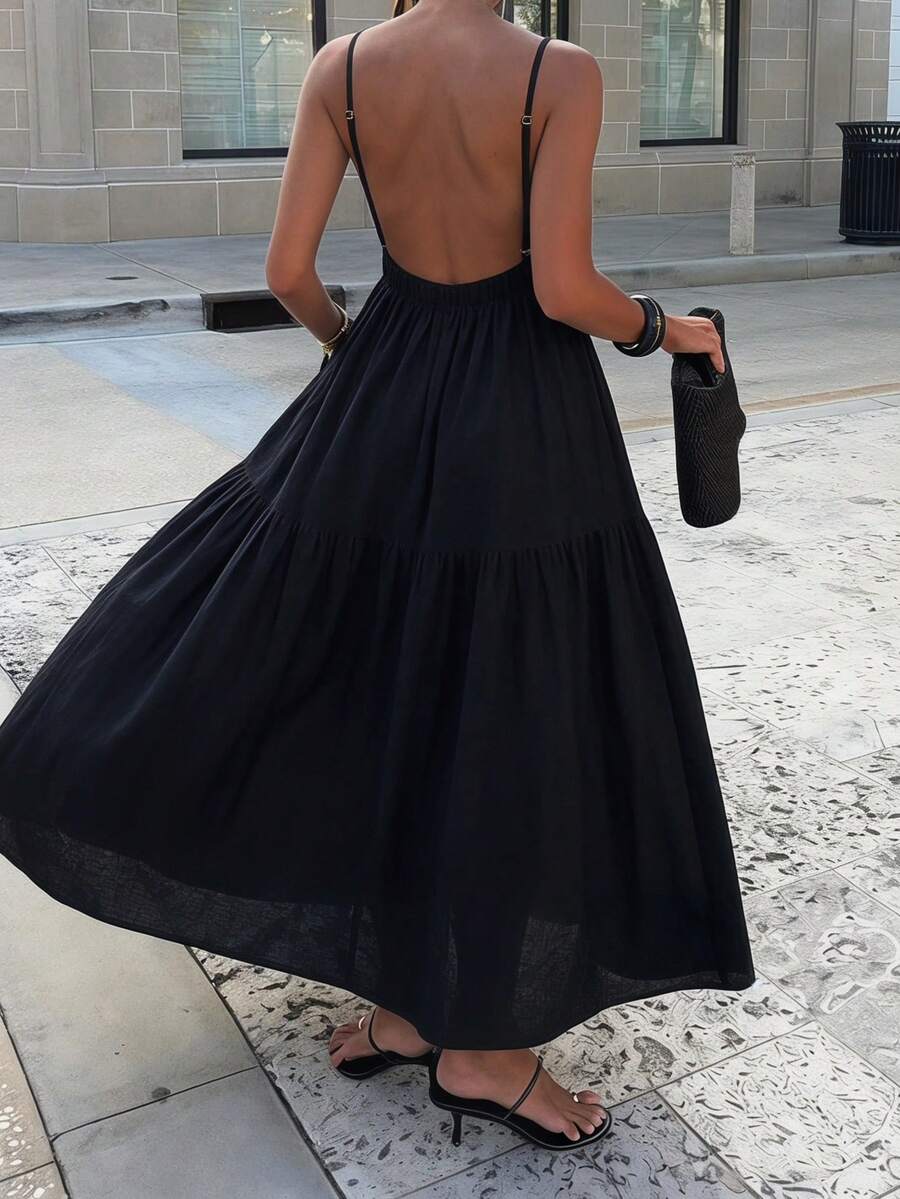 Women's Solid Color Backless Bohemian Wedding Slip Dress - Black - View 1
