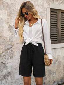 Pantalones cortos tipo bermudas a rayas con bolsillos laterales, de corte amplio y cintura media, estilo básico - Multicolor 2 - Ver 6