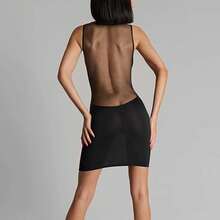 Vestido Mini Bodycon con Escote en V y Paneles de Malla Estilo Y2K para Mujer, Negro, Sin Mangas, Ropa de Club - Negro - Ver 2