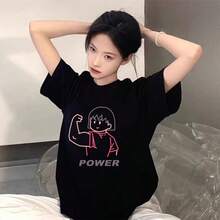 Camiseta negra de algodón puro de manga corta para mujer, estilo nuevo de verano 2026, diseño holgado, top deportivo abstracto de nicho, camiseta de cuello redondo, camiseta holgada y cómoda, camisetas de moda. - Negro - Ver 7